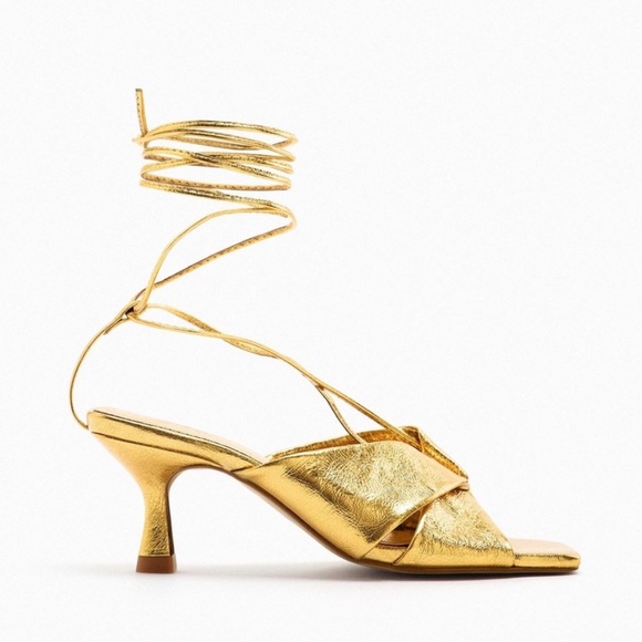 Zara Gold Foil Metallic Leather Ankle Wrap Tie Square Toe Kitten Heel Sandal - Picture 2 of 12